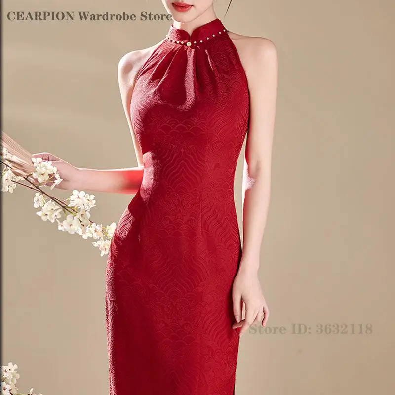 

2026 Summer Sexy Sleeveless Cheongsam New Chinese Style Jacquard Dress Retro Red Qipao Lady Elegant Long Temperament Vestidos