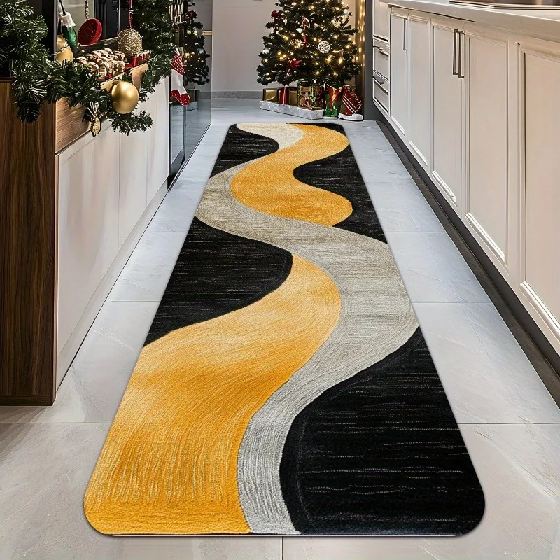 1pc European-style Black Background with Yellow and Gray Wave Pattern Runner Rug, Long Strip Rug, Bathroom Mat, Non-slip Runne
