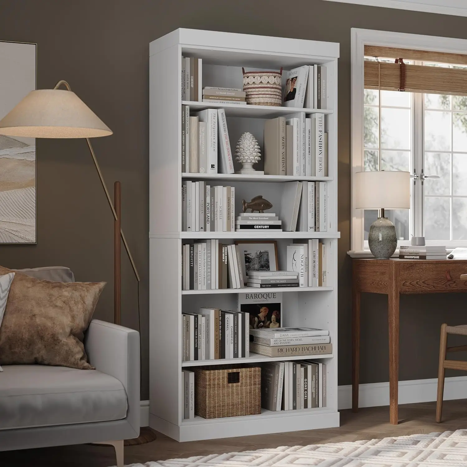 Solid Wood 6 Tier Bookcase 71.5x32 Inch White Open Display Shelf for Living Room & Office, Customized