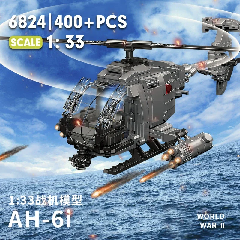 Diy Military WWII AH-6i Helicopter Fighter Model Aircraft Soldier Building Blocks Sets Airplane Dolls Brick Assemble Toys Gifts