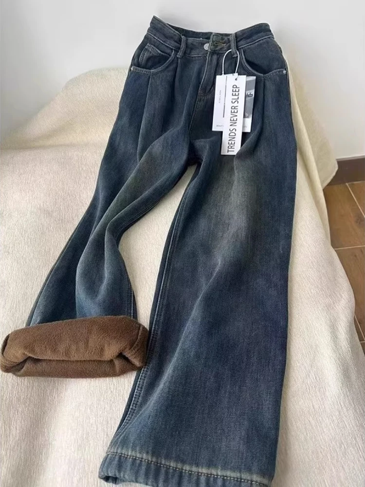 

Warm Fce Lined High Waist Bell Bot Denim Jeans Men Women Vintage Waed Straight Loose Leg Pants Youth Casual Trousers