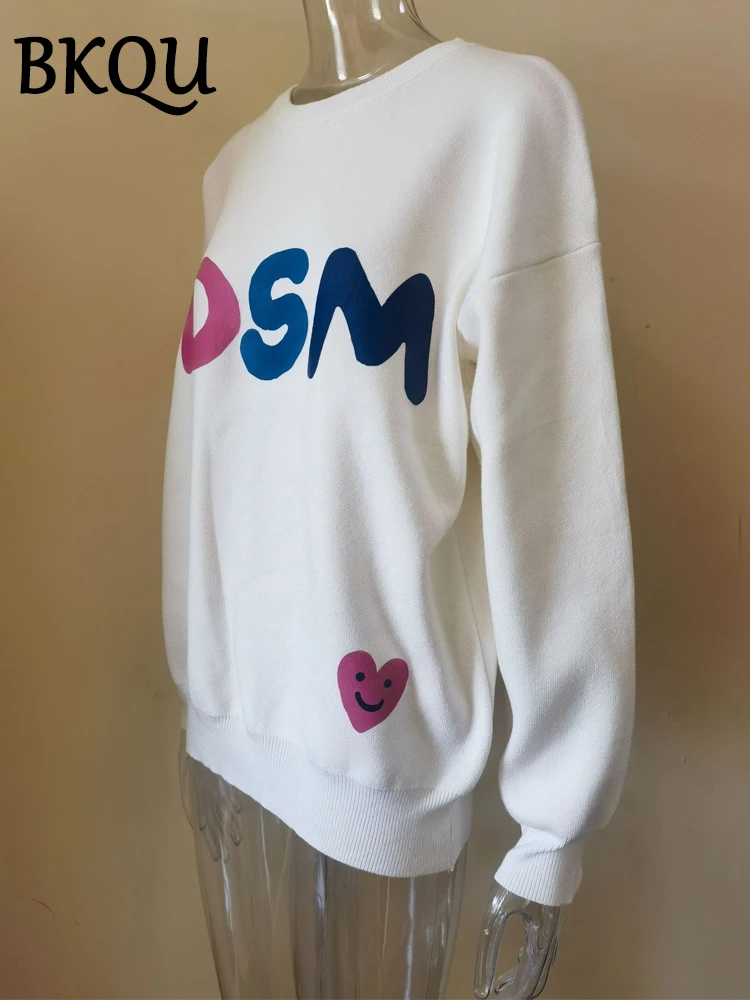 BKQU Sweater Women Letter Embroidery Long Sleeve O neck Knitted Pullover Casual Y2K Warm Thick Loose Elastic Sweaters Streetwear