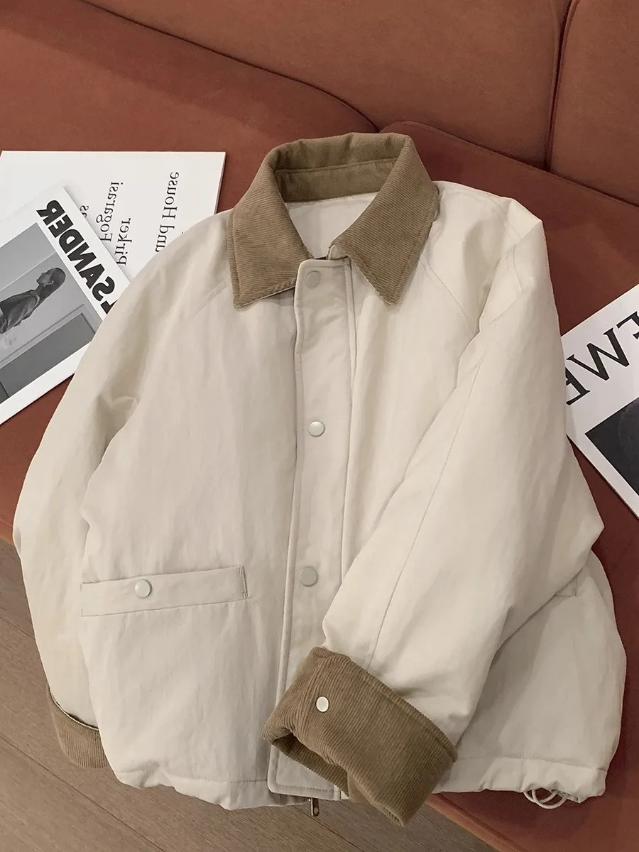 

Faionable Contrast Color Design Loose Cotton Jaet Collared ex Autumn Winter Vintage Lazy Sle Workwear Coat