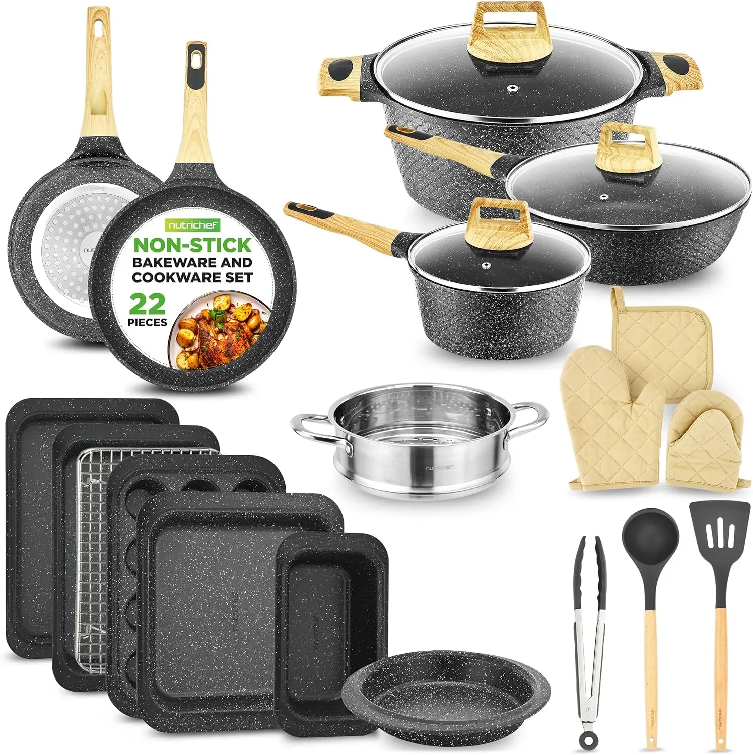 

22-Piece Black Marble Non-Stick Cookware and Bakeware Set - Professional Home Kitchen Collection with Multi-Sized Pots