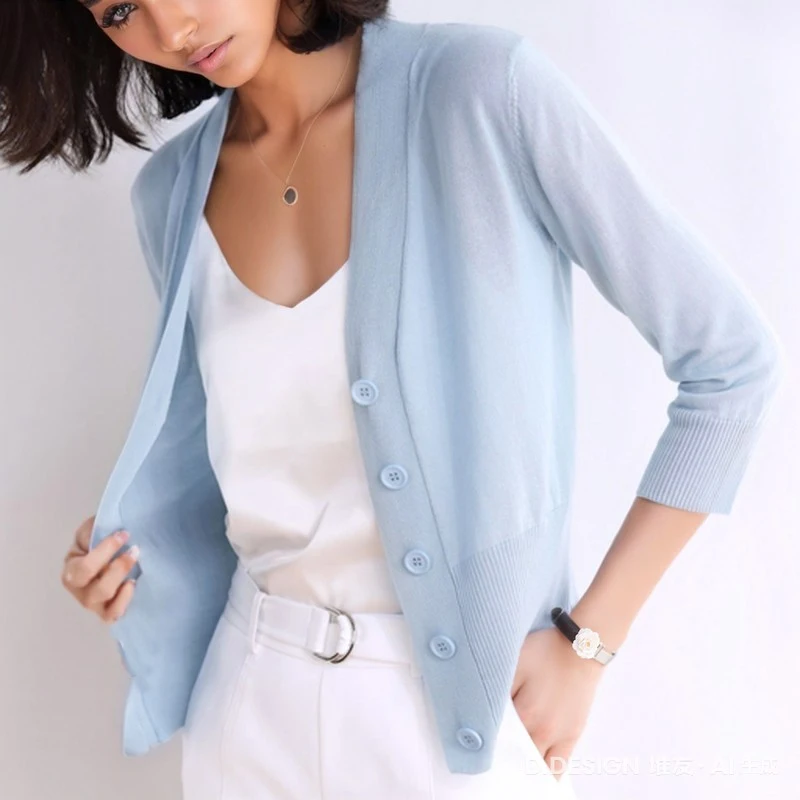 

Повседневный кардиган с v-образным вырезом, рубашки с длинными рукавами, тонкие однотонные элегантные женские короткие куртки из ледяного шелка, вязаный офисный осенний новый топ