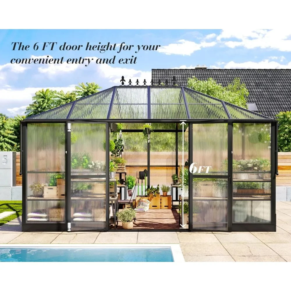 14x9.5x9 FT Polycarbonate Greenhouse- 6 FT Wall Height Outdoor Aluminum Greenhouses with 2 Ventilation and Rain Gutter