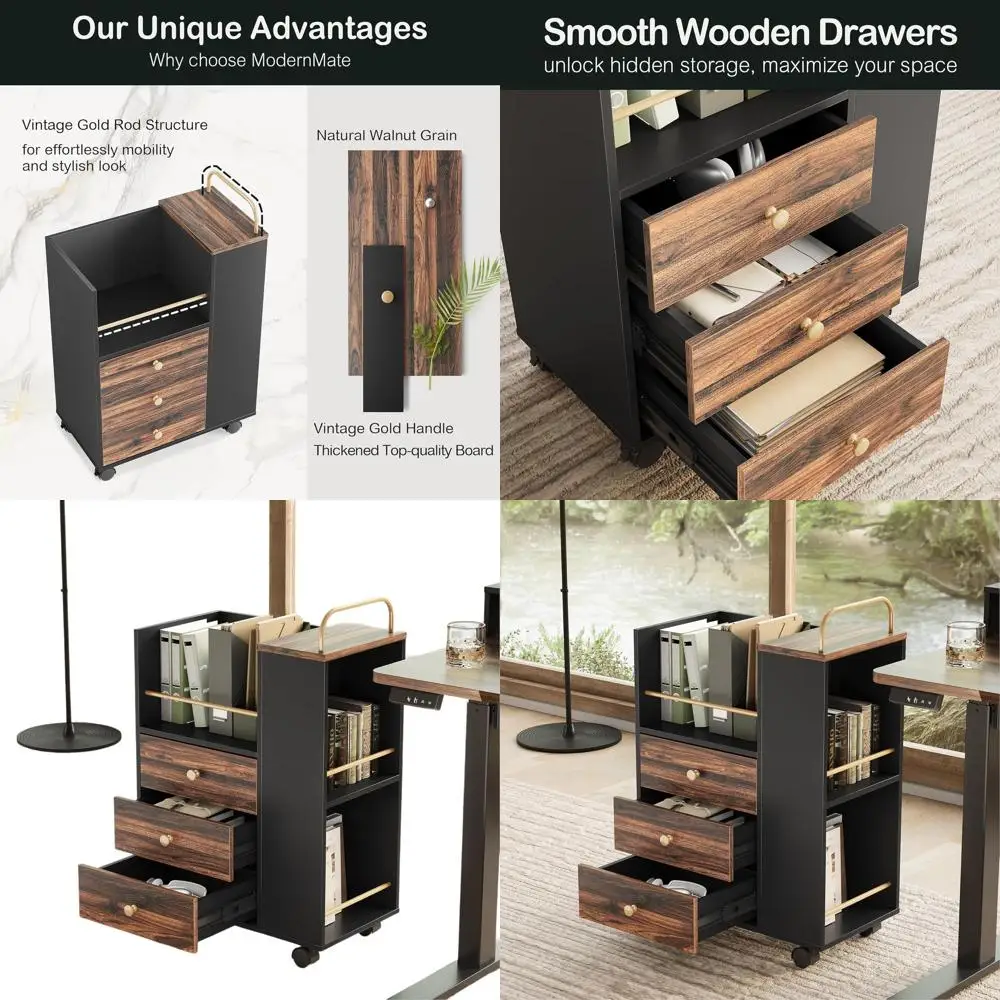 

3-Drawer Lockable Wood Lateral File Cabinet, 20 Black Walnut, Letter/A4, with Wheels for Home Office Storage