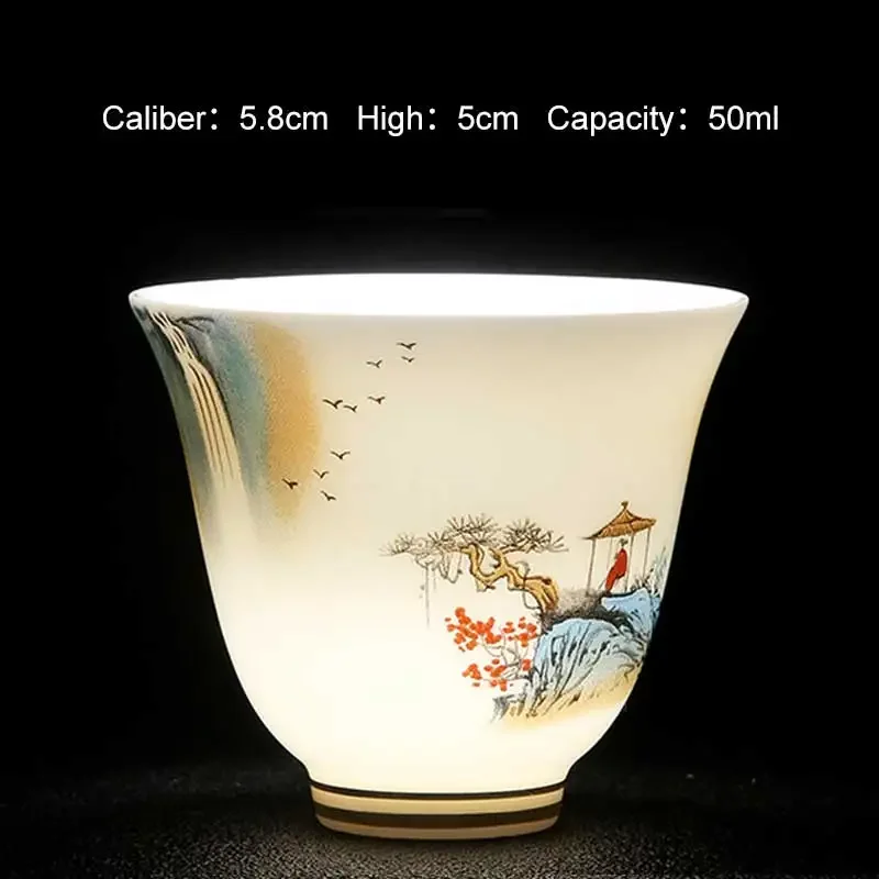 50ml White Porcelain Teacup Teahouse Master\'s Cup Chinese Style Retro Ceramics Wineglass Landscape Painting Literati Tea Set