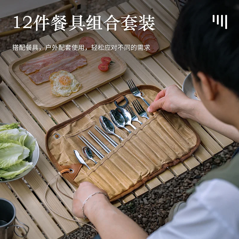 Outdoor Tableware Canvas Storage Bag 3 4 Person Tableware Set Stainless Steel Spoon Chopsticks Fork for Camping Traveling Picnic