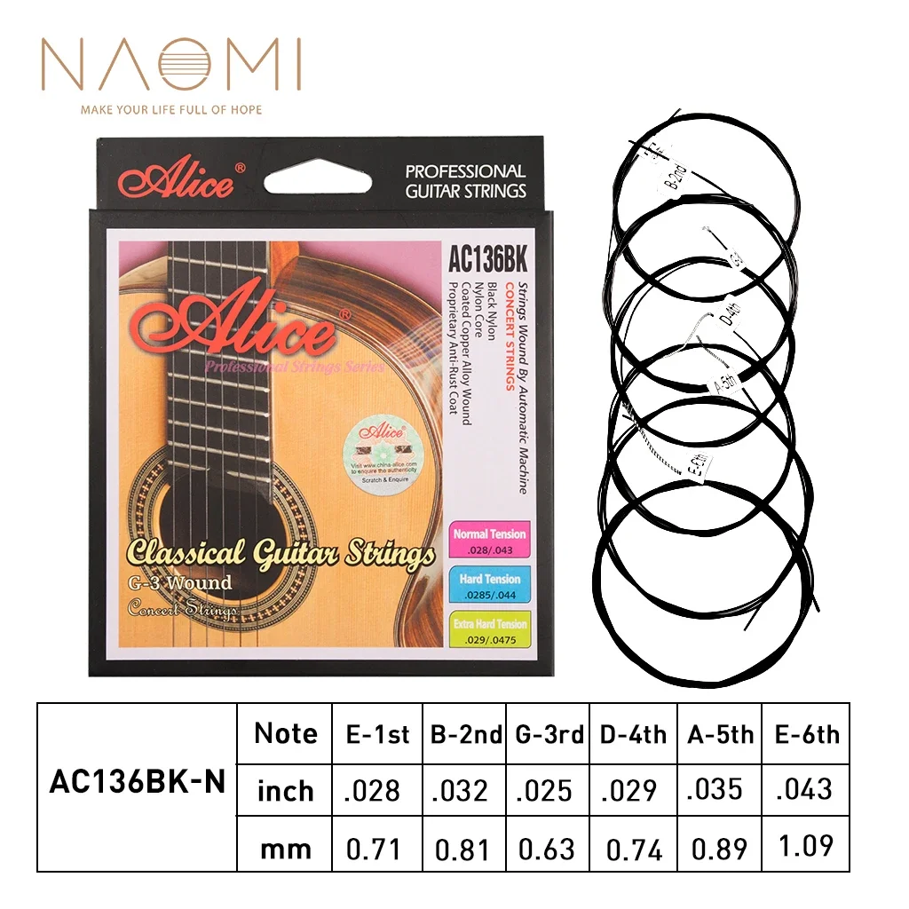 NAOMI nuevo 1 Juego de cuerdas de guitarra clásica Alice AC136BK con nailon negro 6 cuerdas accesorios de guitarra