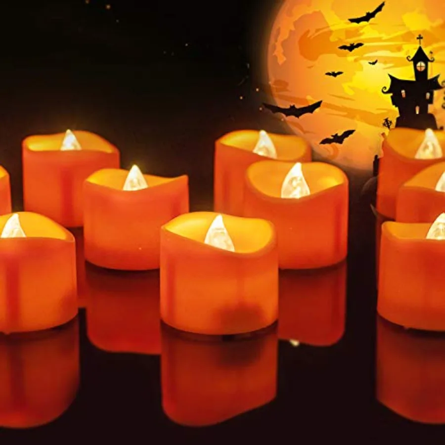 Halloween 24 Pack Orange Tea Light Candles, Battery LED Tealights, Small Pumpkins Lights, Flameless, Electric Fake Tea Candles