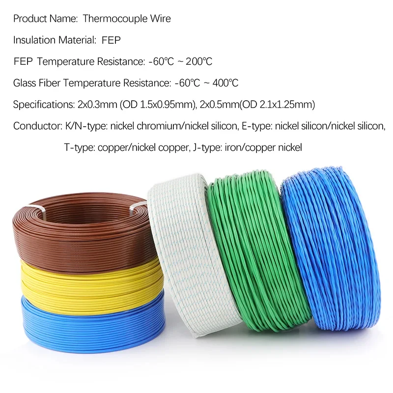 5/10/100m K-J-T-N-S Type High Temperature Thermocouple Wires 2 Cores Measuring Compensation Cable FEP Insulated Electric Line