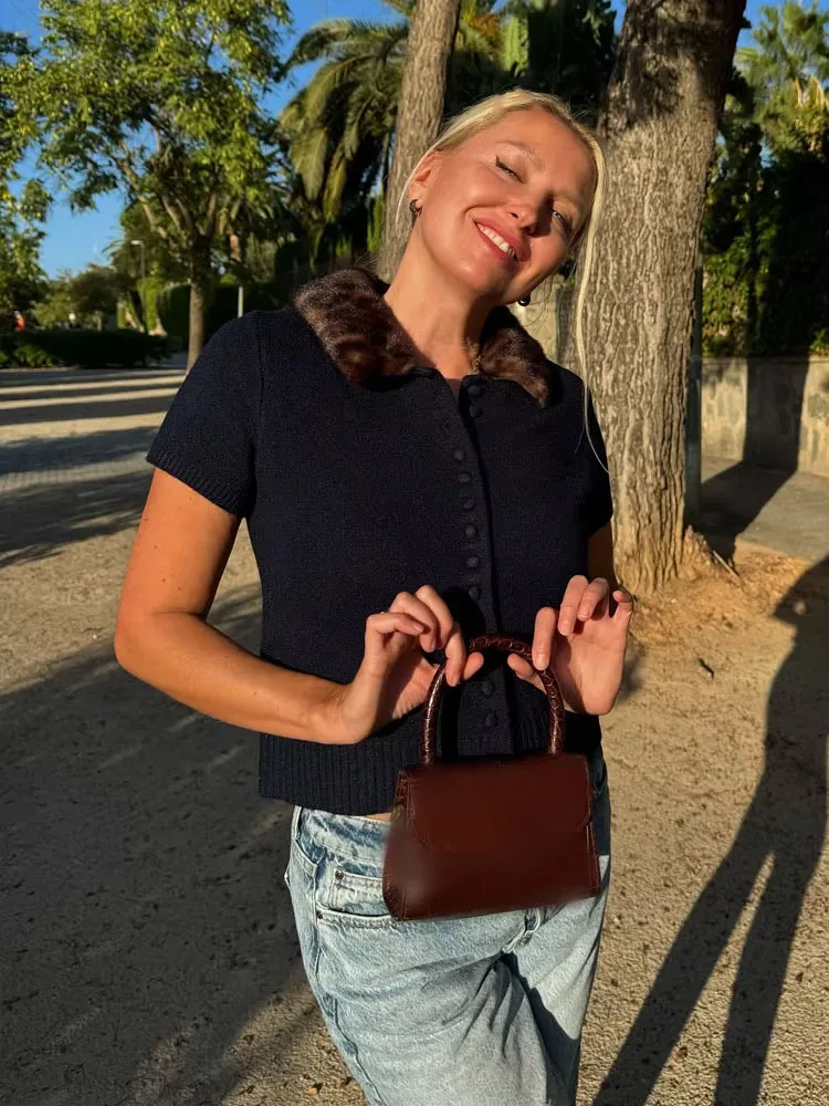 

Design Sense Short Sleeve Knit Cardigans Women Spring Summer Preppy Style Loose Single Breasted Knit Sweater