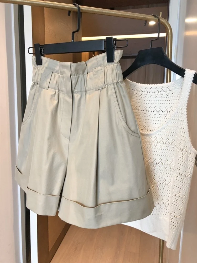 

Retro Khaki High Waist Floral Shorts Women's Summer High-End Casual Workwear Straight Leg Wide Leg Five-Quarter Pants