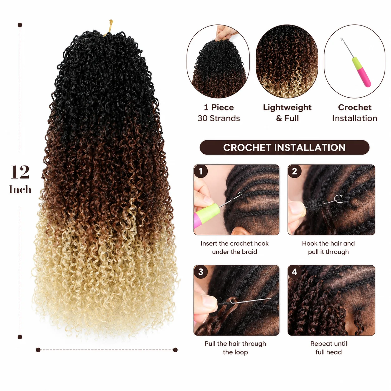 12 Zoll Boho Passion Twist Crochet 1 Stück 30 Stränge Flauschige Lockige Vorgezwirnte Zöpfe Synthetische Haarverlängerungen Schützende Frisur – Detail 2
