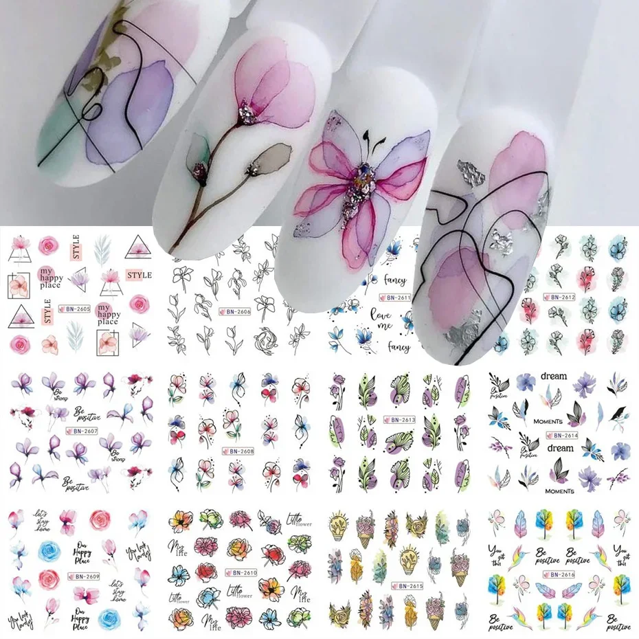 

12 PCs Ink Flowers Nail Art Sticker Summer Water Decal Blooming Flowers Leaves Graffiti Slider Nail Decoration Foils Tattoo