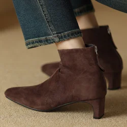 Women's natural suede leather 4.5cm kitten heel square toe back zip autumn ankle boots elegant ladies slim dress short booties