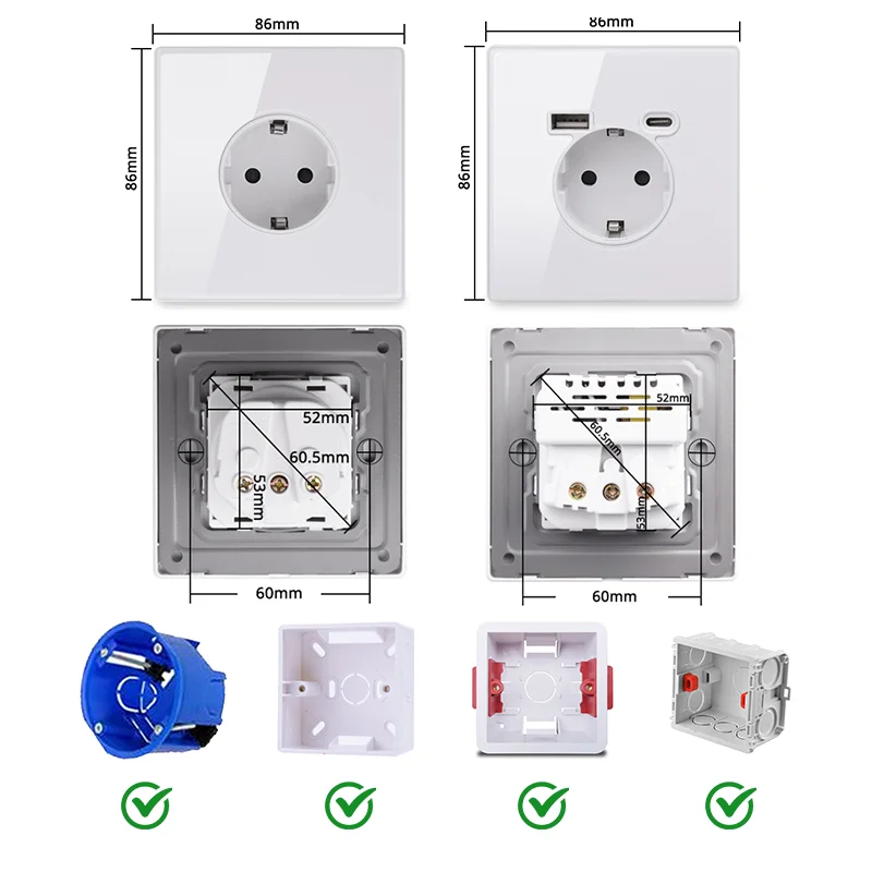 Yinka eu standard-buchse gehärtetem glas 16a wand steckdose AC110V-250V universal steckdose mit usb typ-c ladung por 5v 2100ma