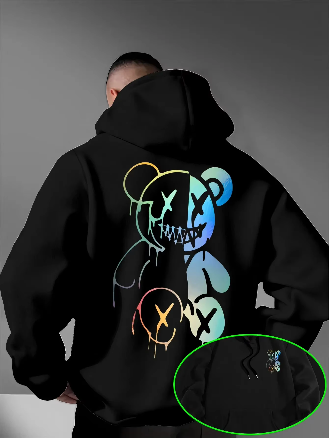 2026 New Unisex Oversized Hoodie Drip Graffiti Bear Gradient X Eyes Back Print Streetwear Autumn Winter Pullover Sweatshirt
