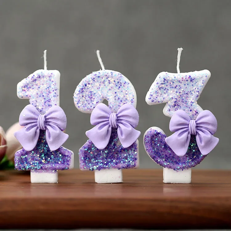 Gradient Purple Bow 0-9 Number Candle Cake Birthday Candle Creative Birthday Cake Decoration Supplies Party Decoration Candle