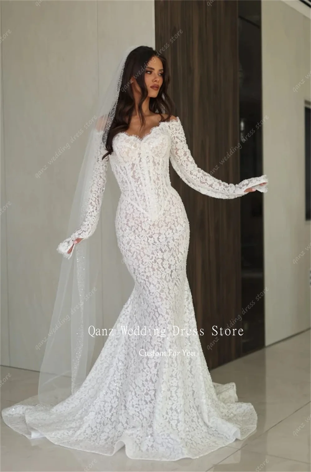 Qanz エレガントなレースのウェディングドレス女性マーメイド恋人ローブデマリエ長袖スパンコール付き Vestidos De Novia カスタマイズ