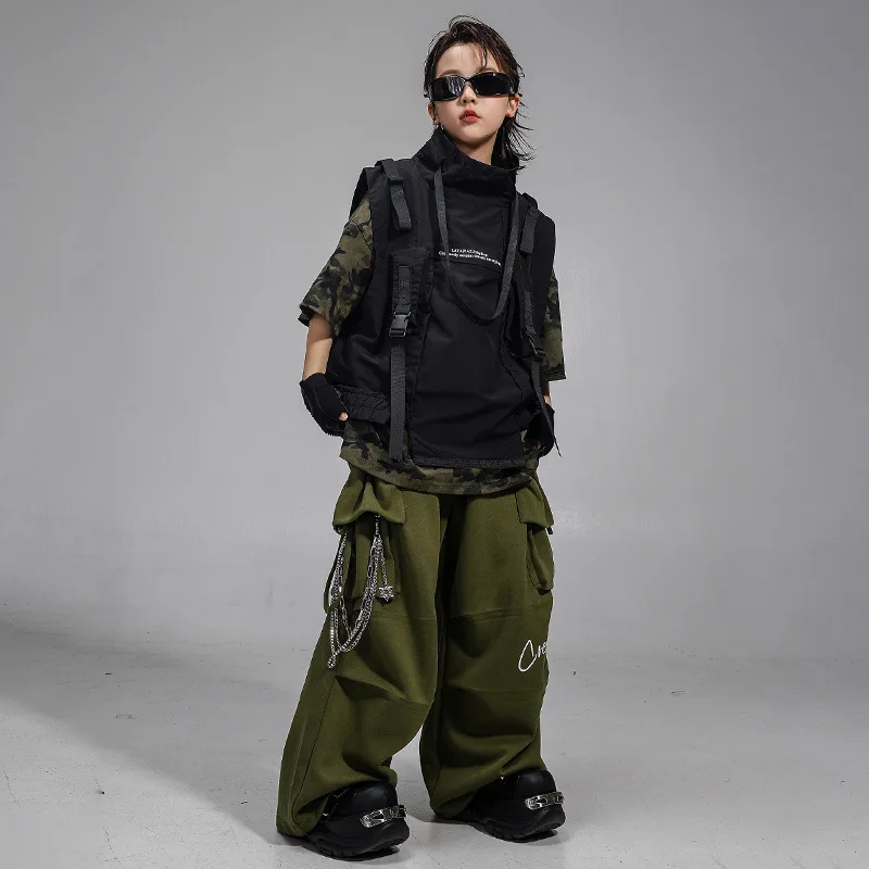 

Kid Hip Hop Clothing Camo T Shirt Black Vest Top Army Green Casual Parachute Cargo Pants for Girl Boy Jazz Dance Costume Clothes