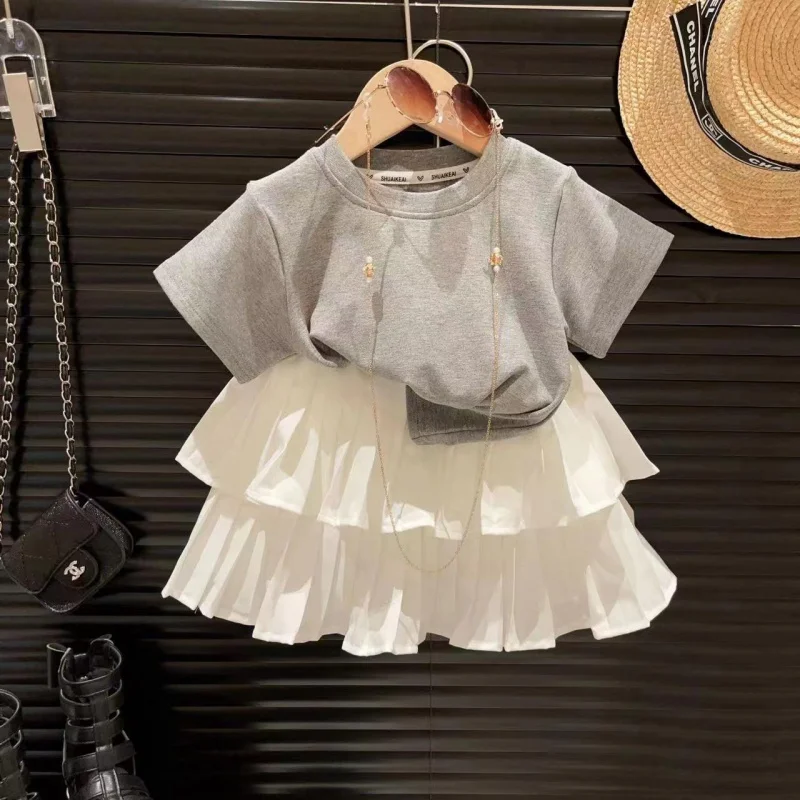 New Girls' Suit Backless Short Sleeve StretchTT-shirt Solid Color Cake Skirt Two-Piece Set2024Summer Clothes Delivery-WSNY