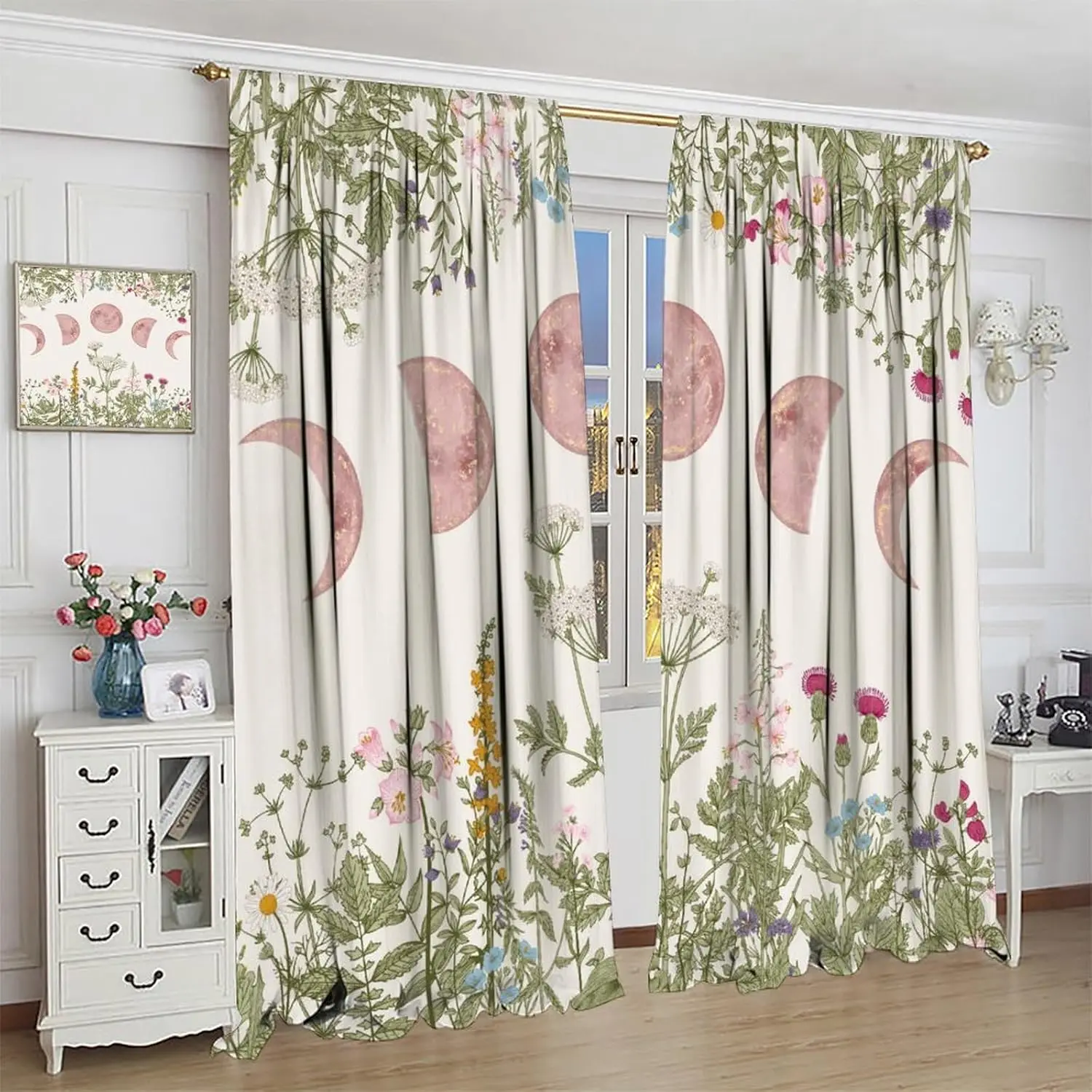 Witchy Moon Phase Curtains Rustic Vintage Wildflower Plant Leaves Botanical Herbs Pink Moon Phase Print Window Drapes for Living