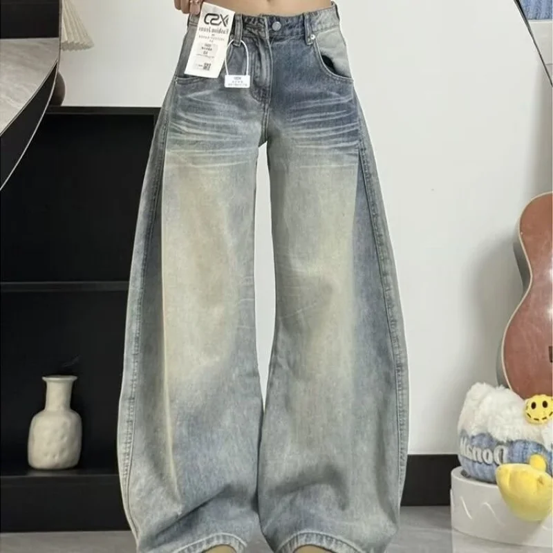 جينز أزرق فاتح عتيق للنساء 2025 ربيع خريف جديد غير رسمي فضفاض مستقيم الساق مغسول بنطال ذو قصة أرجل واسعة