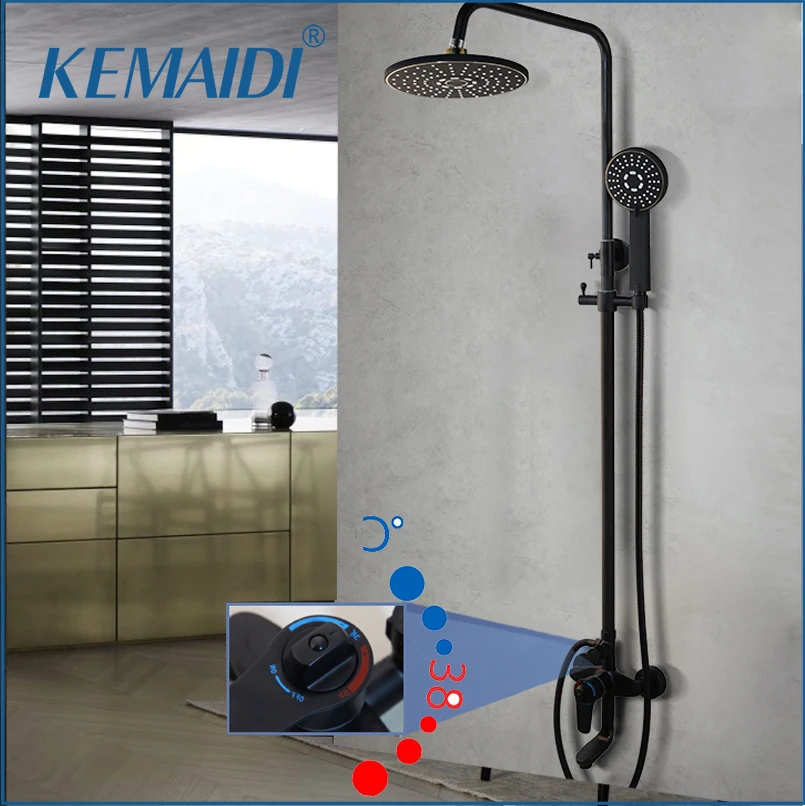 

KEMAIDI Black Thermostatic Shower Faucet Set Rainfall Multiple Types Long Spout Bathtub Tap With High Spray Bathroom Faucet Tap