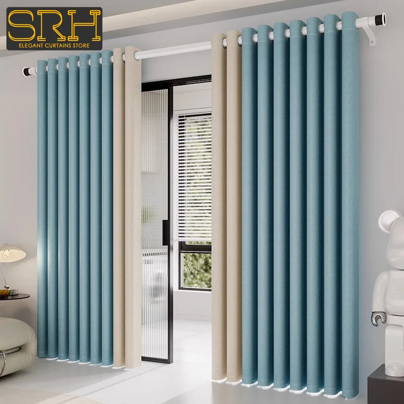 

Light Luxury Simple Blue Color-blocking Curtain for Living Room and Bedroom Full Blackout No Punching Decor Custom Thicken Cloth