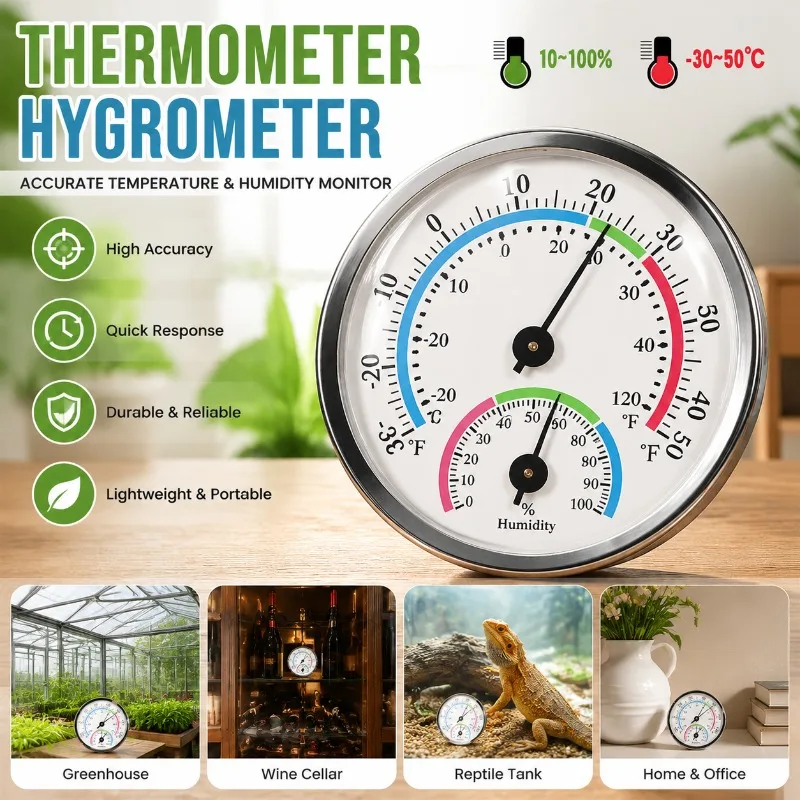 Analoges Hygrometer-Thermometer zum Aufhängen an der Wand, für den Innenbereich, Zuhause, Büro, Lager, präziser Zeiger, Temperatur- und Luftfeuchtigkeitsmesser, Aluminiumgehäuse