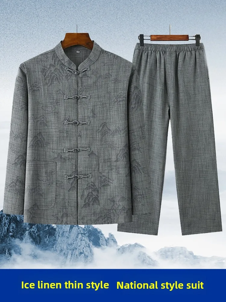 

New Chinese Sle Long Sve Cotton Linen Set for Dad Summer Tang Suit ly Men's Faion andpa Clothes Traditional Pat...