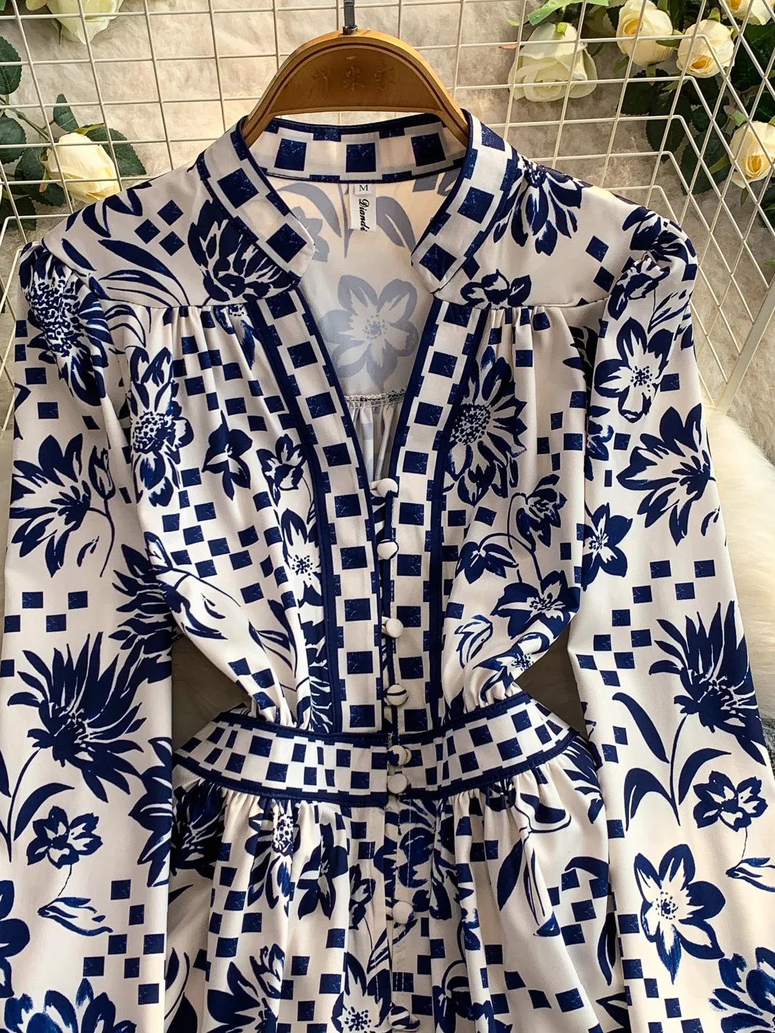 Retro Court Sle Satijnen Print V-Ne Dr Dames Herfst Winter Enkele knop Afslanken A-lijn Midi Dr Hoge taille