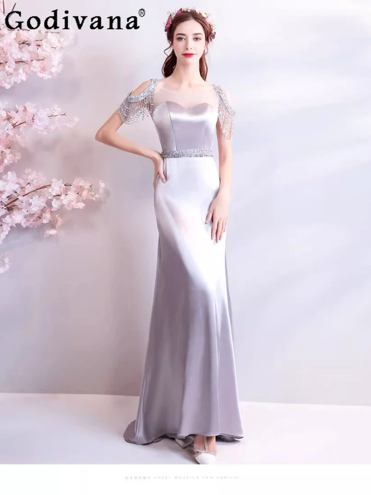 

Silver Gray High Waist Satin Fashion Diamond Long Fishtail Dresses Elegant Girls Tassel Slash Neck Party Backless Evening Dress