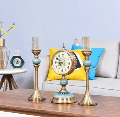 Nordic style home decorative gold metal candlestick holders luxury with tabletop clock