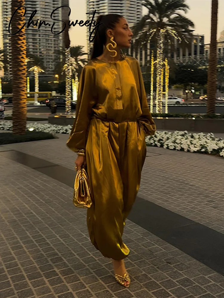 

Однотонные свободные женские шелковые рубашки и брючные костюмы, плиссированные женские комплекты с круглым вырезом и длинными рукавами, 2026, весенняя мода, комплект из 2 предметов, женский новый