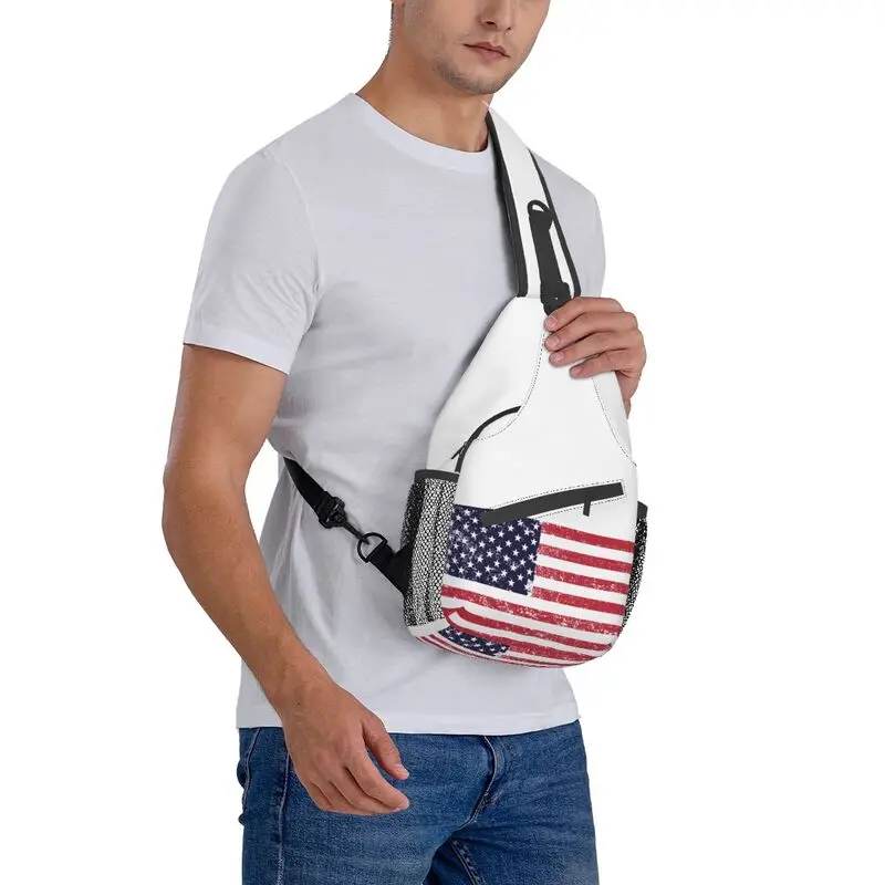 Borse a tracolla Casual con bandiera americana Grunge per il campeggio stati uniti USA Stars Stripe Crossbody Chest Backpack spalla Daypack