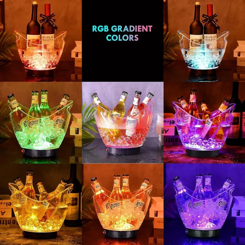 

Waterproof 8L Transparent LED Luminous Ice Cube Storage Buckets Barrel Shaped Bar Beer Bottle Cooler Container