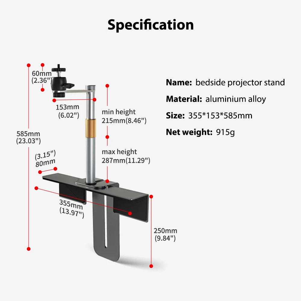 Soporte ajustable para proyector de cabecera, aleación de aluminio, soporta hasta 40 libras, fácil instalación, sofá