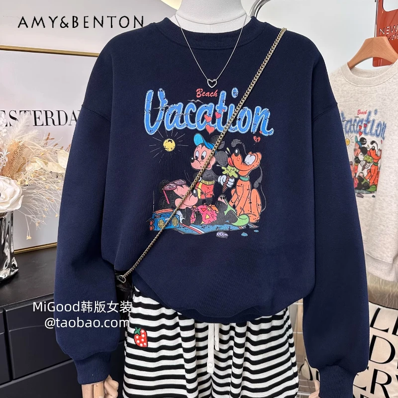 

Women's Short Autumn New Kawaii Hoodies Korean Style Age-Reducing Fashion Vintage Cartoon Print Loose O-Neck Pullover Sweatshirt
