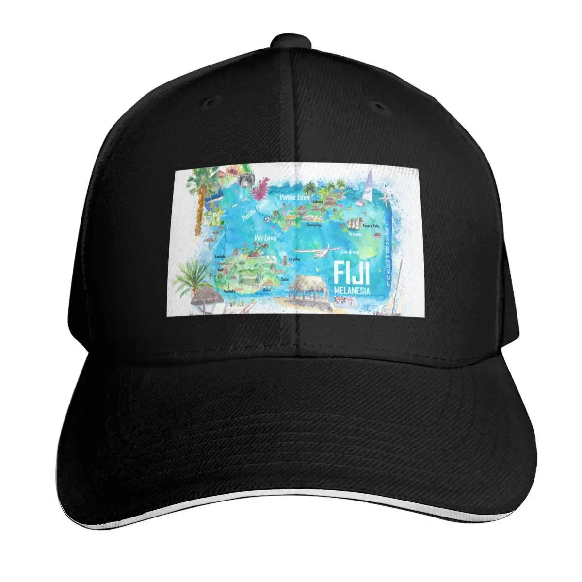 Fiji Illustrated Polynesia Island Travel Map with Roads and Highlights Baseball Cap Men Women Casual Summer Sport Sun Cap