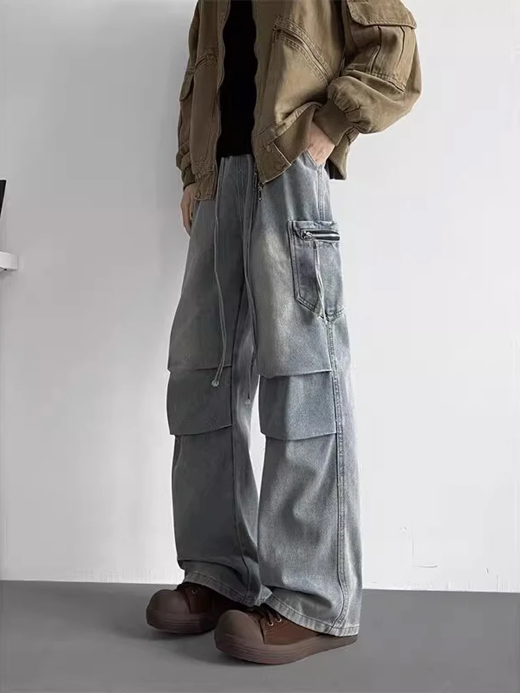 

Retro American High Street Men's Jeans Autumn Winter Waed Large ket Design Loose Wide Leg Straight Tube Pants