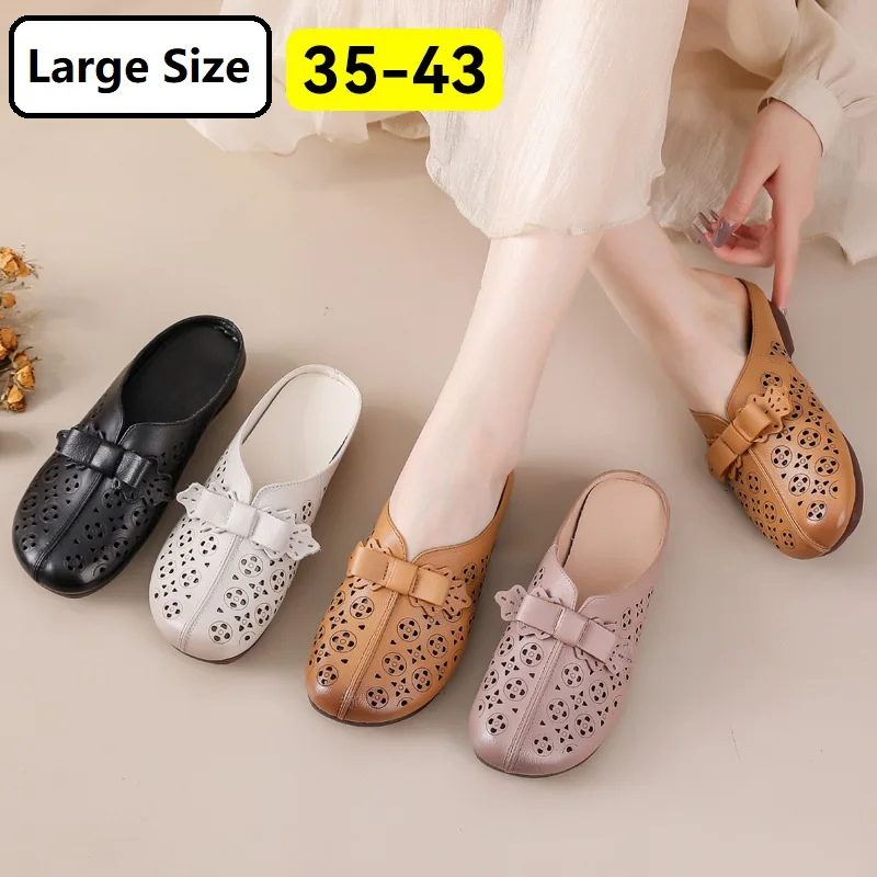 

Big size 43 real leather mules sandals woman summer slides shoes vintage womens cutout sandal ladies elegant lazy shoes wide fit