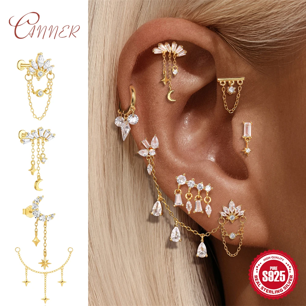 CANNER 1PC 925 Sterling Silver Tassel Chain Eight Pointed Stars Moon Earrings For Women Ins Horse Eye Geometric Zircon Earring