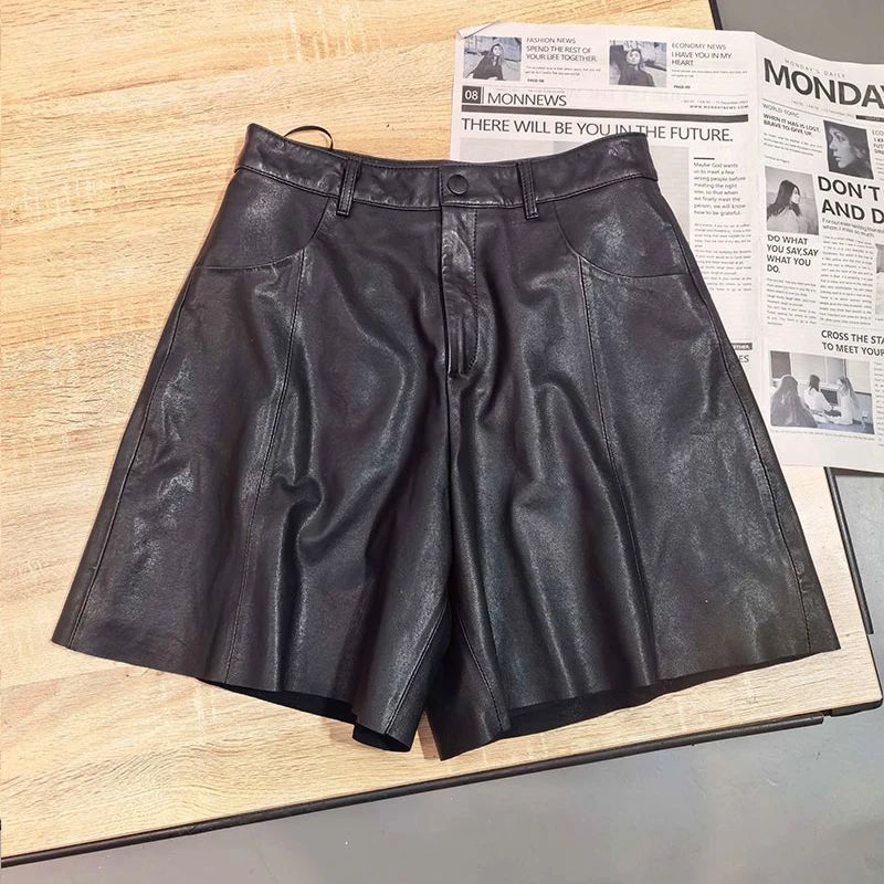 Black/Brown Real Leather Shorts Women Casual Wide Leg Trousers Plant Tanned Sheepskin  High Waist Slim A-Line Five-Point Pants