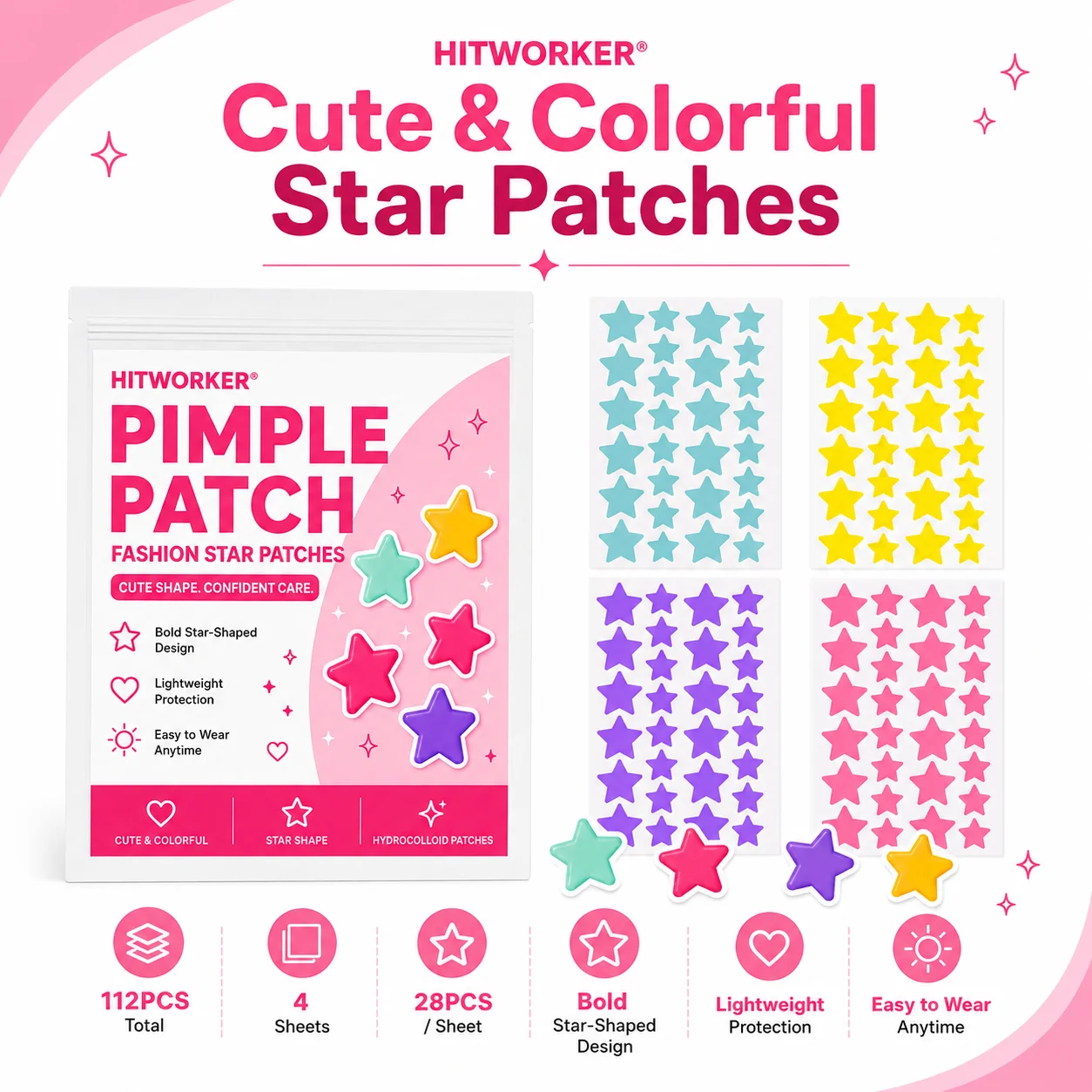 112Pcs Star-Shaped Hydrocolloid Pimple Patches, 4 Colors and 2 Sizes, Cute Blemish Cover Stickers for Face, 4 Sheets for Daily S