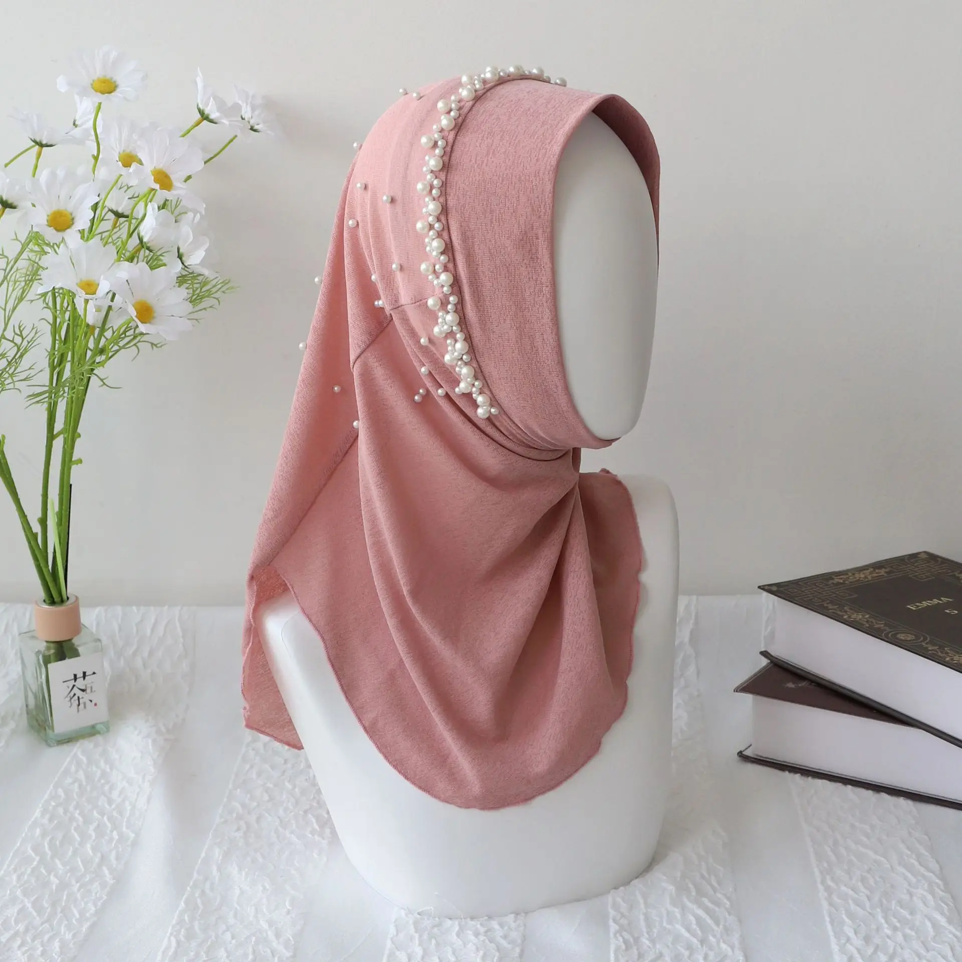Beaded Solid Pullover Head Scarf, Comfortable Stretchy Turban Cap, Multi-Functional Shawl & Neck Wrap for Women