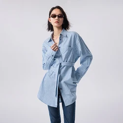 TOYOUTH Women Blouse Shirt With Waist Belt 2024 Spring Classic Striped Polo Collar Long Sleeve Single Breasted Irregular Shirts