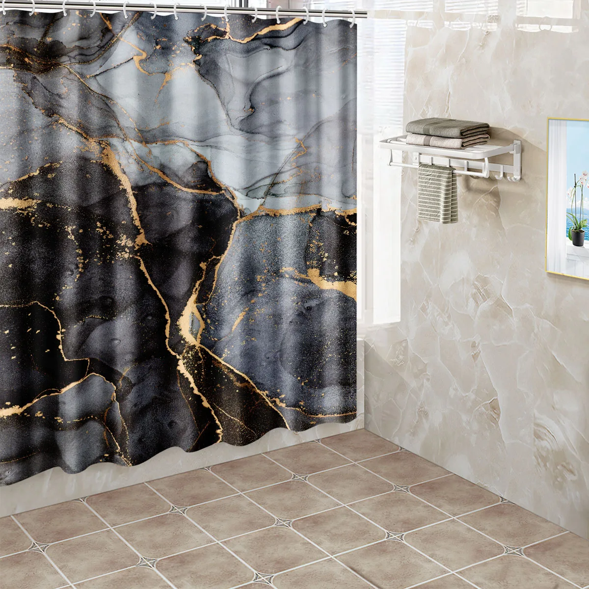 1pc Marble Pattern Curtain Bathroom Partition Decorative Curtain Machine Washable Black Gold Texture Window Privacy Curtain